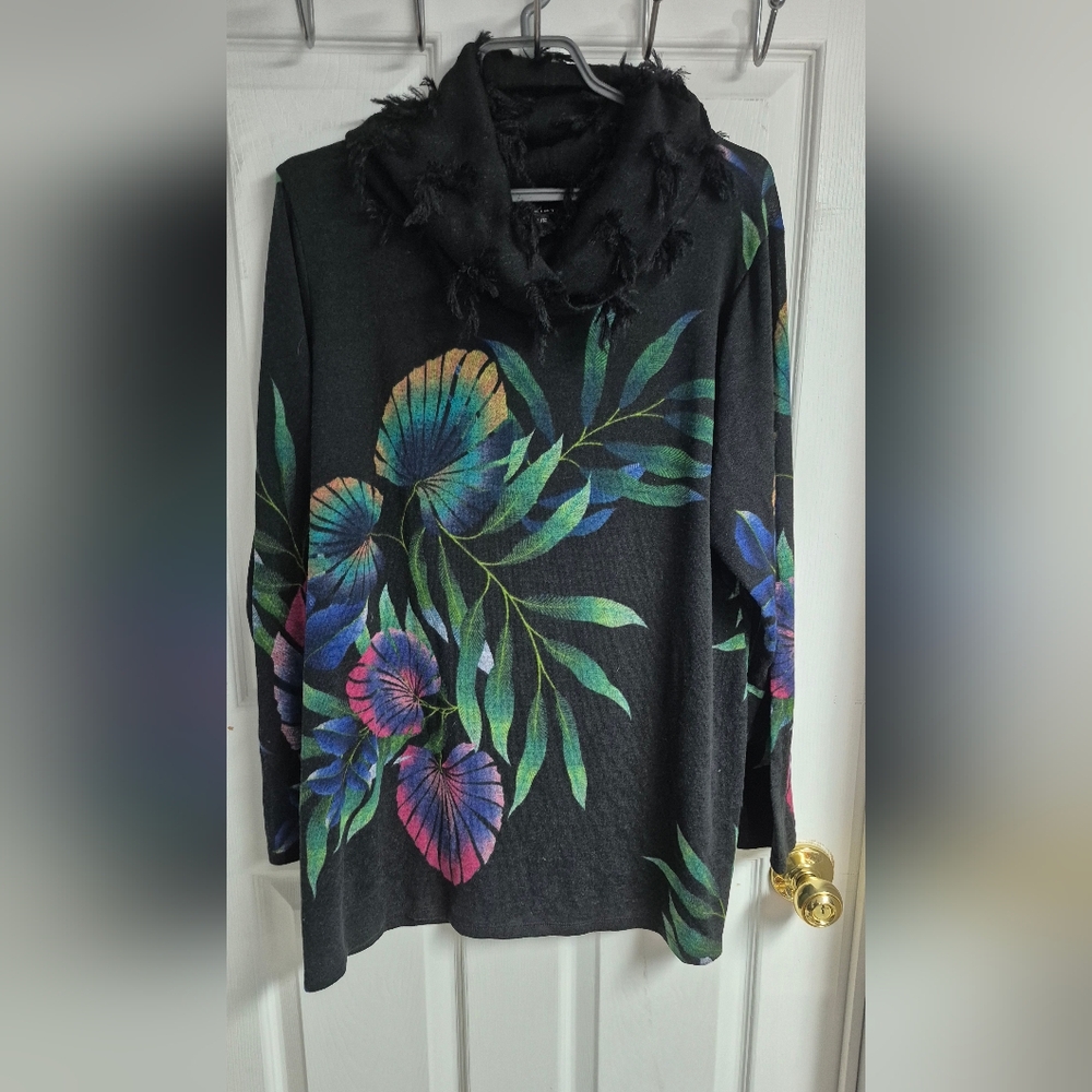 Black Floral Cowl Neck Pullover Sweater